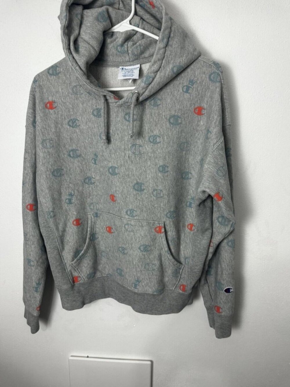 Vintage Gray All-Over Print Pullover Hoodie with Drawstring Hood, Women’s Size L